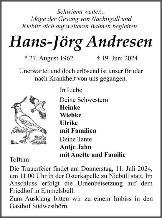 Traueranzeige von Hans-Jörg Andresen von Husumer Nachrichten, Nordfriesland Tageblatt