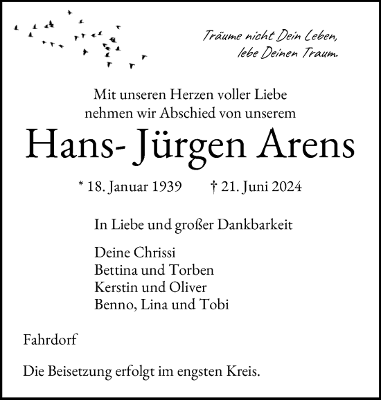 Traueranzeige von Hans-Jürgen Arens von Eckernförder Zeitung, Hallo Eckernförde
