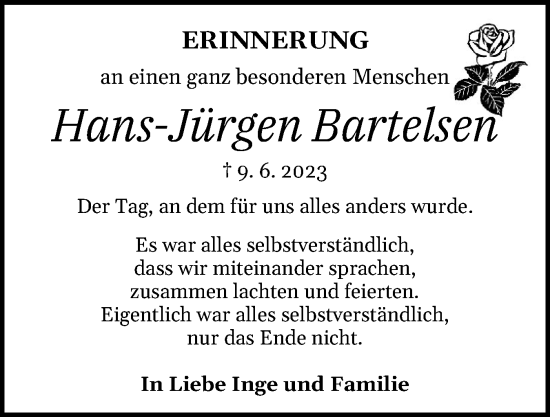 Traueranzeige von Hans-Jürgen Bartelsen von Eckernförder Zeitung, Hallo Eckernförde