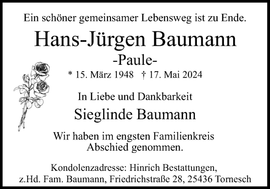 Traueranzeige von Hans-Jürgen Baumann von Region Pinneberg und tip Pinneberg