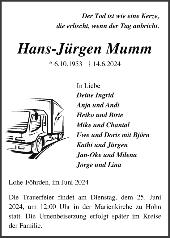 Traueranzeige von Hans-Jürgen Mumm von Schleswig-Holsteinische Landeszeitung