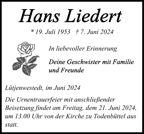 Traueranzeige von Hans Liedert von Schleswig-Holsteinische Landeszeitung