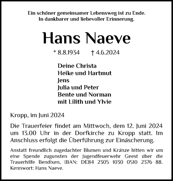 Traueranzeige von Hans Naeve von Schleswig-Holsteinische Landeszeitung