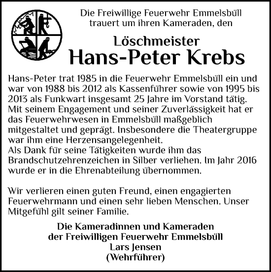 Traueranzeige von Hans-Peter Krebs von Husumer Nachrichten, Nordfriesland Tageblatt