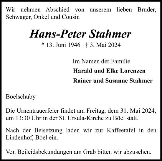 Traueranzeige von Hans-Peter Stahmer von Region Flensburg