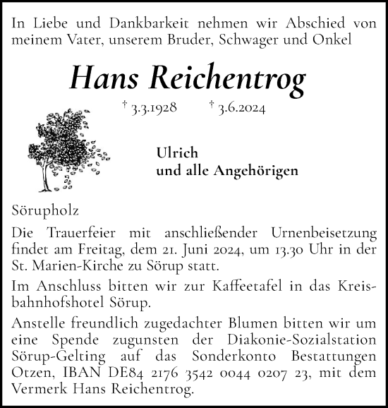 Traueranzeige von Hans Reichentrog von Flensburger Tageblatt