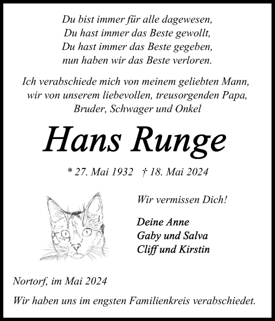 Traueranzeige von Hans Runge von Schleswig-Holsteinische Landeszeitung