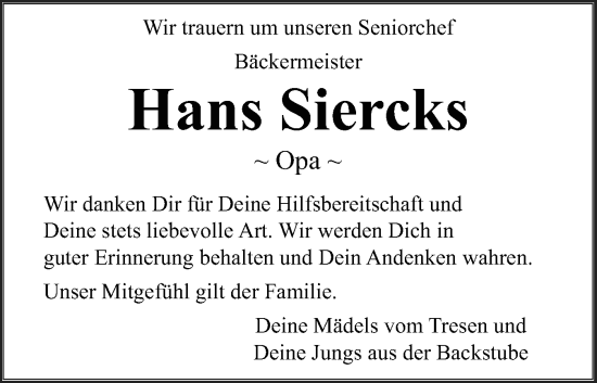 Traueranzeige von Hans Siercks von Husumer Nachrichten, Nordfriesland Tageblatt