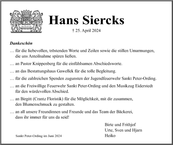 Traueranzeige von Hans Siercks von Husumer Nachrichten, Nordfriesland Tageblatt