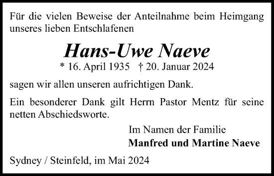 Traueranzeige von Hans-Uwe Naeve von Schleswiger Nachrichten, Schlei-Bote