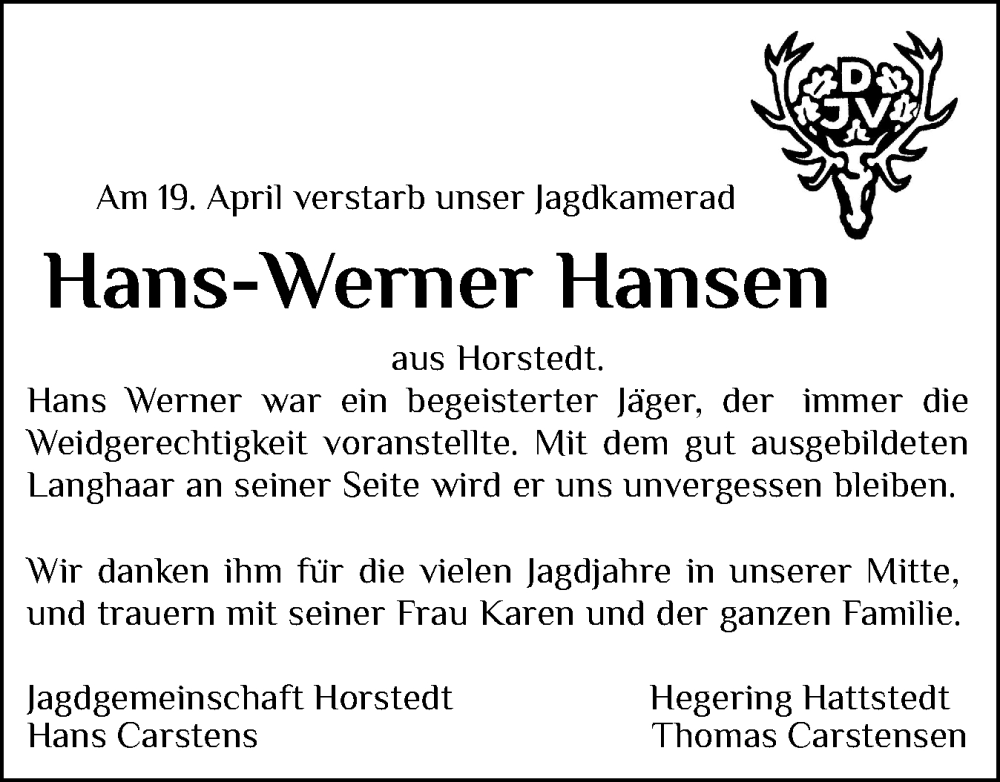  Traueranzeige für Hans-Werner Hansen vom 26.04.2024 aus Husumer Nachrichten, Nordfriesland Tageblatt