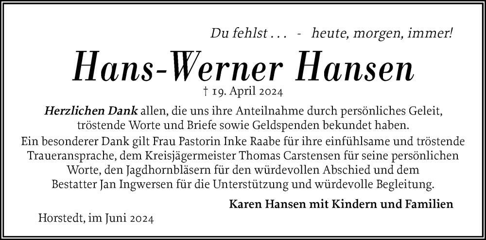  Traueranzeige für Hans-Werner Hansen vom 01.06.2024 aus Husumer Nachrichten, Nordfriesland Tageblatt