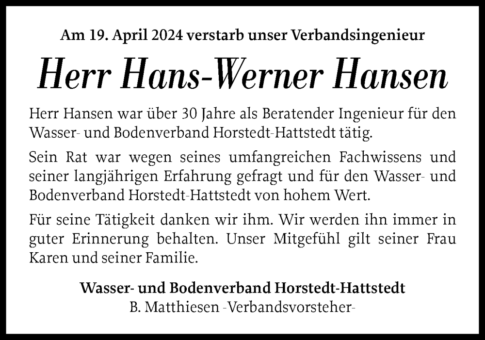  Traueranzeige für Hans-Werner Hansen vom 26.04.2024 aus Husumer Nachrichten, Nordfriesland Tageblatt