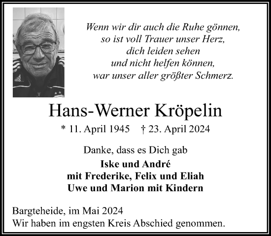 Traueranzeige von Hans-Werner Kröpelin von Stormaner Tageblatt