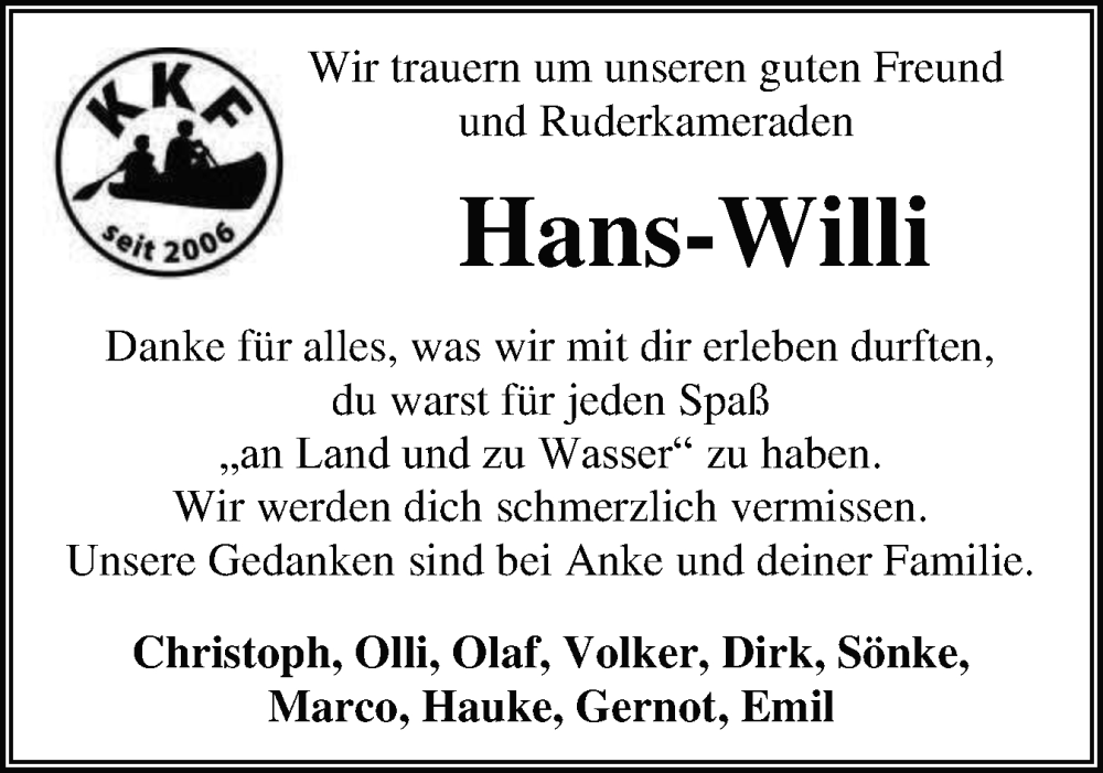  Traueranzeige für Hans-Willi  vom 15.06.2024 aus Flensburger Tageblatt, Schleswiger Nachrichten, Schlei-Bote