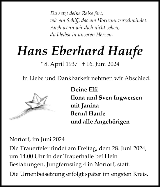 Traueranzeige von Hans Eberhard Haufe von Schleswig-Holsteinische Landeszeitung