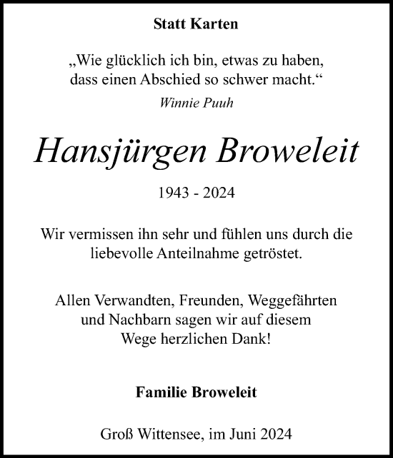 Traueranzeige von Hansjürgen Broweleit von Schleswig-Holsteinische Landeszeitung