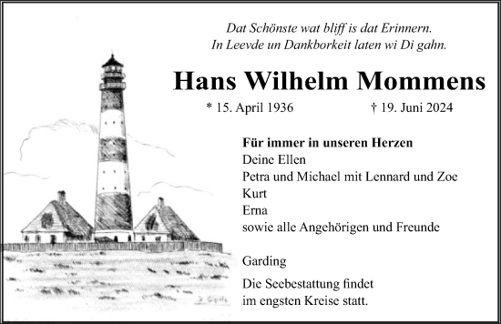 Traueranzeige von Hans Wilhelm Mommens von Husumer Nachrichten, Nordfriesland Tageblatt
