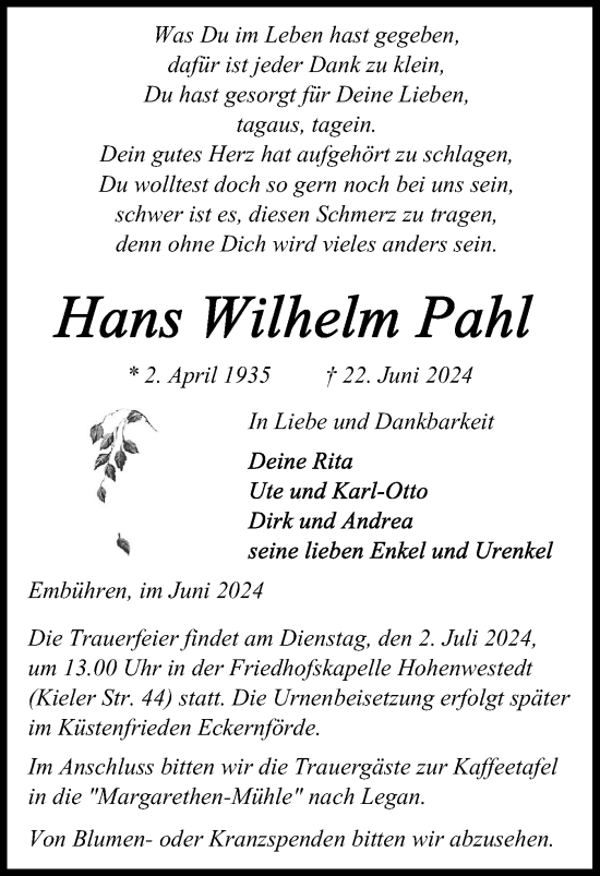 Traueranzeige von Hans Wilhelm Pahl von Schleswig-Holsteinische Landeszeitung