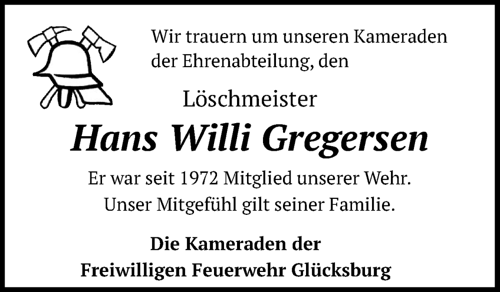  Traueranzeige für Hans Willi Gregersen vom 21.06.2024 aus Flensburger Tageblatt