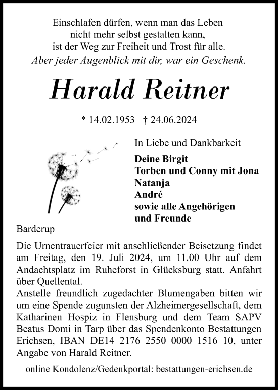 Traueranzeige von Harald Reitner von Flensburger Tageblatt