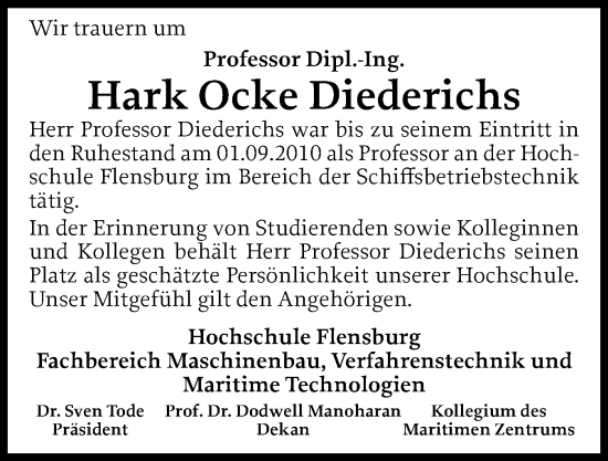 Traueranzeige von Hark Ocke Diederichs von Flensburger Tageblatt