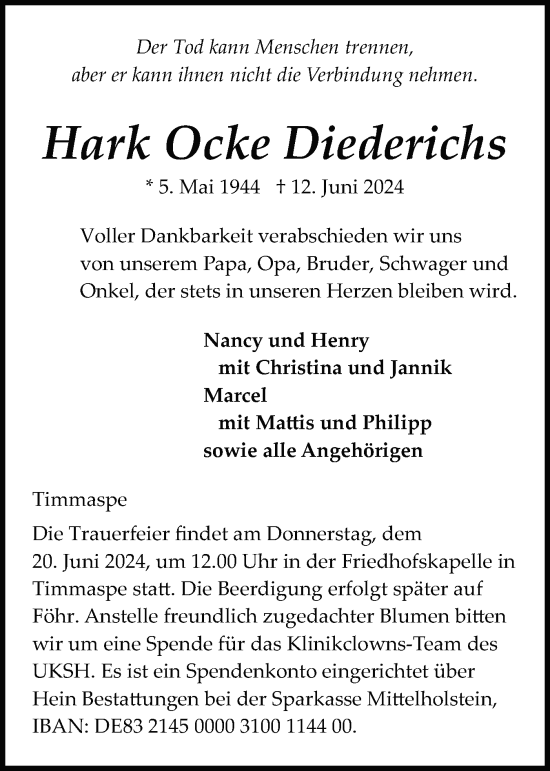 Traueranzeige von Hark Ocke Diederichs von Schleswig-Holsteinische Landeszeitung