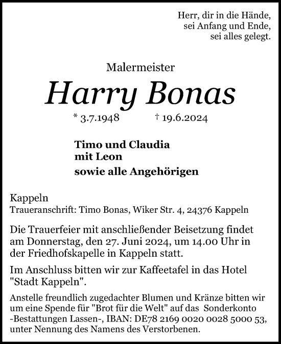 Traueranzeige von Harry Bonas von Schleswiger Nachrichten, Schlei-Bote