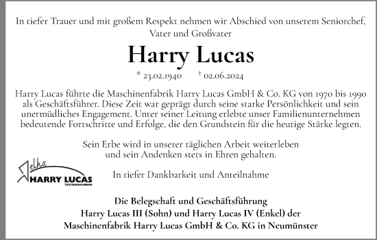 Traueranzeige von Harry Lucas von Holsteinischer Courier
