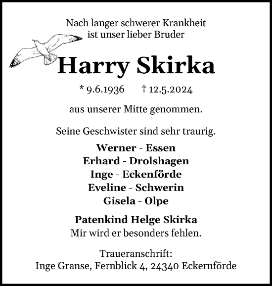 Traueranzeige von Harry Skirka von Eckernförder Zeitung, Hallo Eckernförde