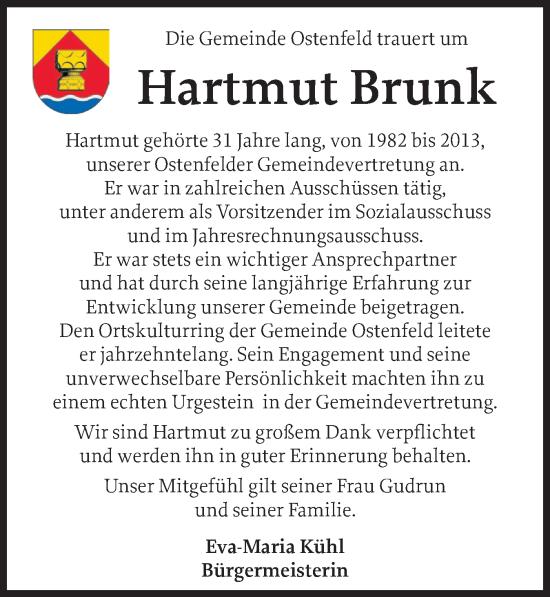 Traueranzeige von Hartmut Brunk von Husumer Nachrichten, Nordfriesland Tageblatt