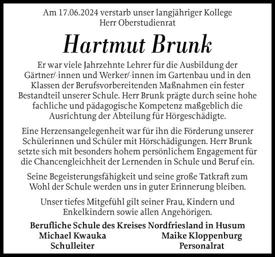 Traueranzeige von Hartmut Brunk von Husumer Nachrichten, Nordfriesland Tageblatt