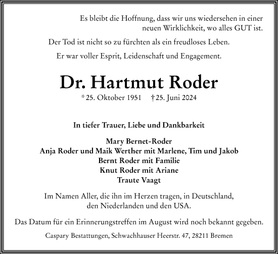 Traueranzeige von Hartmut Roder von Flensburger Tageblatt, Schleswiger Nachrichten, Schlei-Bote