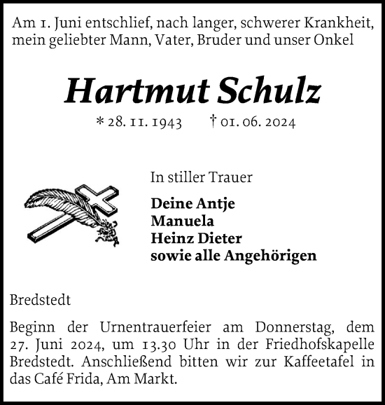 Traueranzeige von Hartmut Schulz von Husumer Nachrichten, Nordfriesland Tageblatt