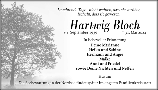 Traueranzeige von Hartwig Bloch von Husumer Nachrichten, Nordfriesland Tageblatt