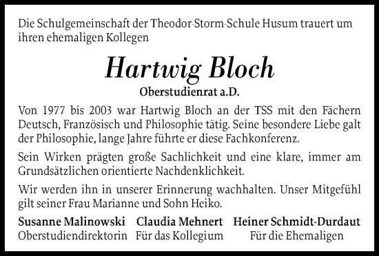 Traueranzeige von Hartwig Bloch von Husumer Nachrichten, Nordfriesland Tageblatt