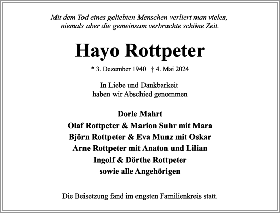 Traueranzeige von Hayo Rottpeter von Eckernförder Zeitung, Hallo Eckernförde
