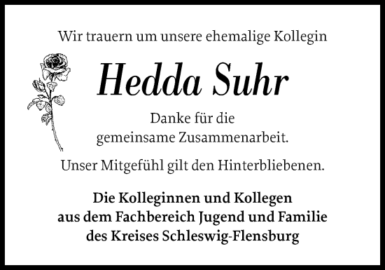 Traueranzeige von Hedda Suhr von Schleswiger Nachrichten, Schlei-Bote