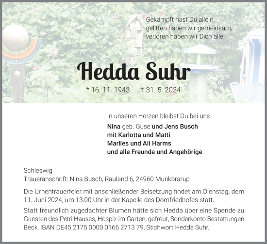 Traueranzeige von Hedda Suhr von Flensburger Tageblatt, Schleswiger Nachrichten, Schlei-Bote