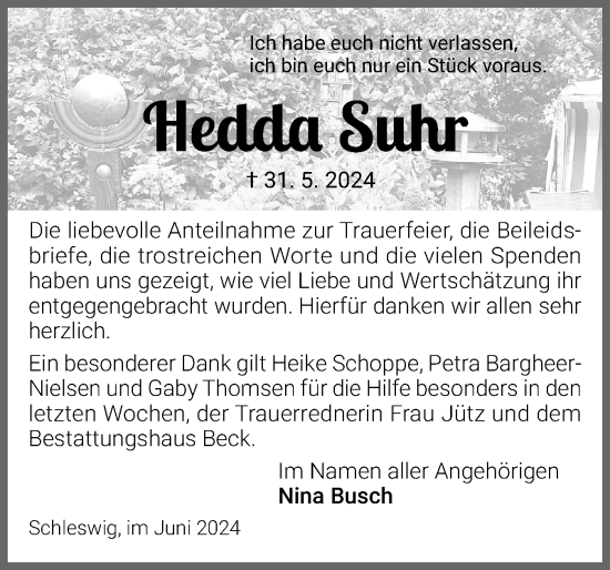 Traueranzeige von Hedda Suhr von Flensburger Tageblatt, Schleswiger Nachrichten, Schlei-Bote