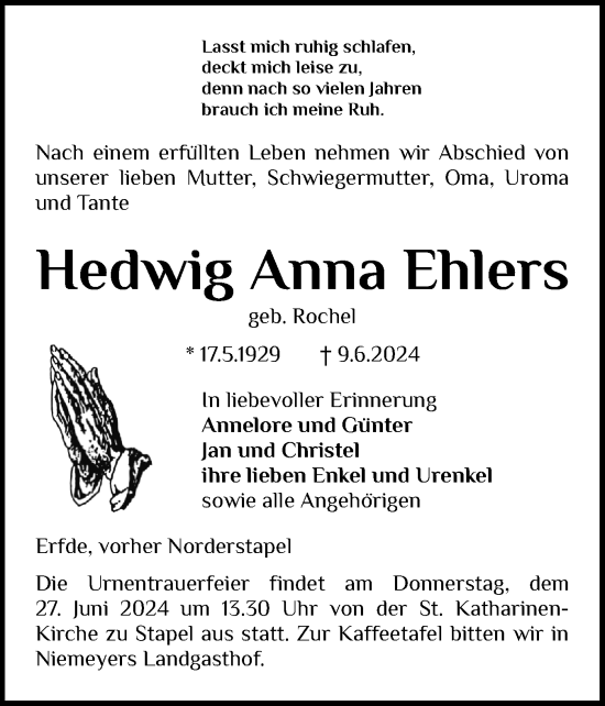 Traueranzeige von Hedwig Anna Ehlers von Schleswig-Holsteinische Landeszeitung