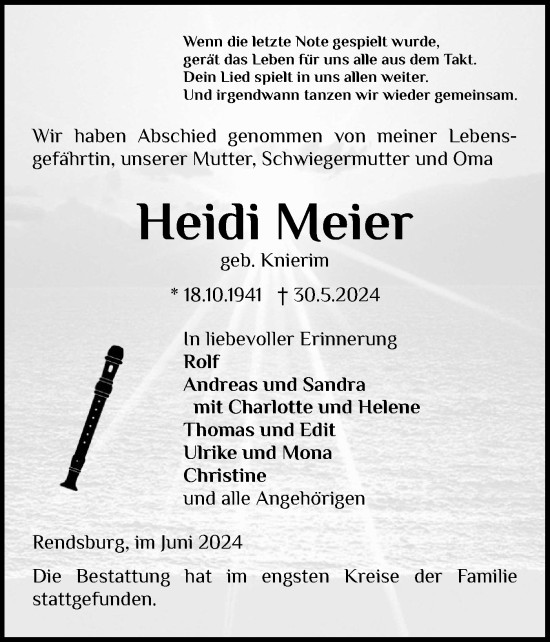 Traueranzeige von Heidi Meier von Schleswig-Holsteinische Landeszeitung