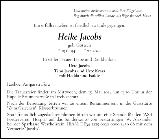 Traueranzeige von Heike Jacobs von Norddeutsche Rundschau, Wilstersche Zeitung, Glückstädter Fortuna