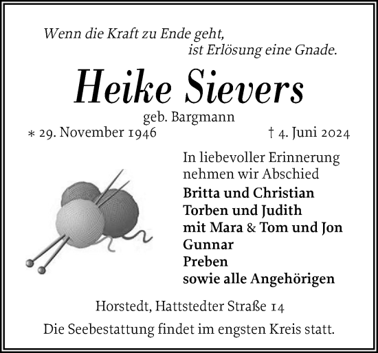 Traueranzeige von Heike Sievers von Husumer Nachrichten, Nordfriesland Tageblatt