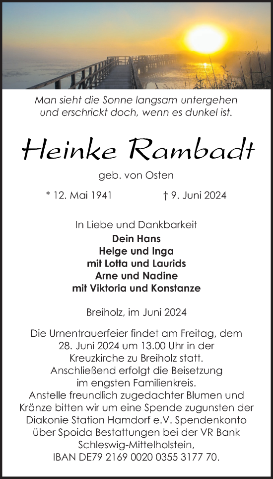 Traueranzeige von Heinke Rambadt von Schleswig-Holsteinische Landeszeitung