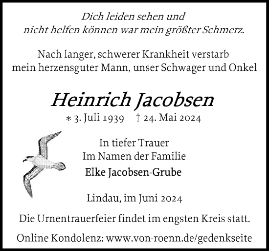 Traueranzeige von Heinrich Jacobsen von Schleswiger Nachrichten, Schlei-Bote