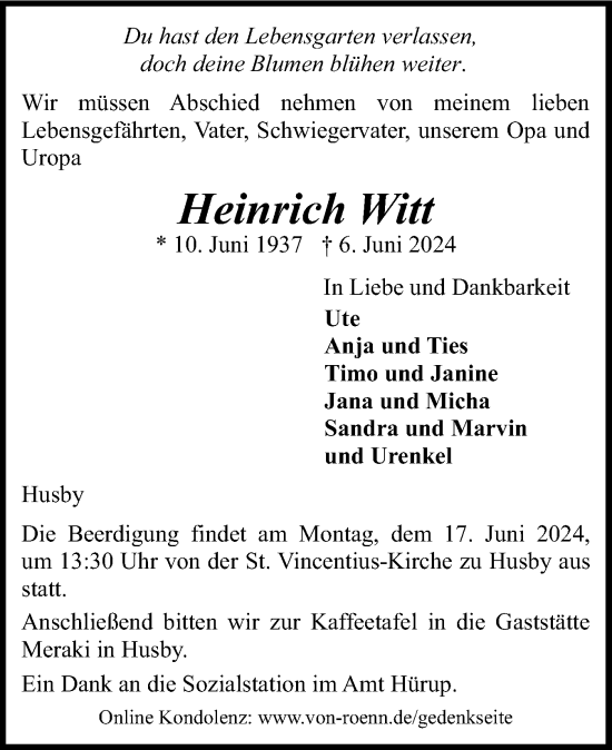 Traueranzeige von Heinrich Witt von Flensburger Tageblatt