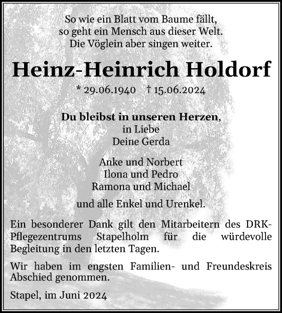 Traueranzeige von Heinz-Heinrich Holdorf von Holsteinischer Courier