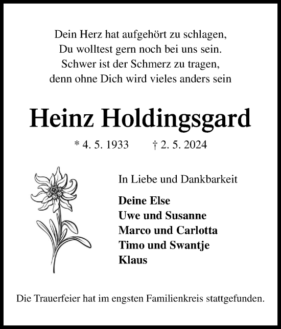 Traueranzeige von Heinz Holdingsgard von Elmshorner Nachrichten, Barmstedter Zeitung
