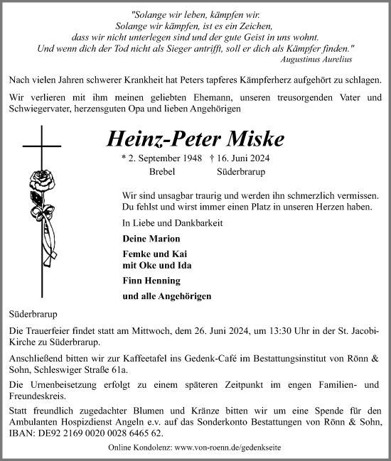 Traueranzeige von Heinz-Peter Miske von Flensburger Tageblatt, Schleswiger Nachrichten, Schlei-Bote